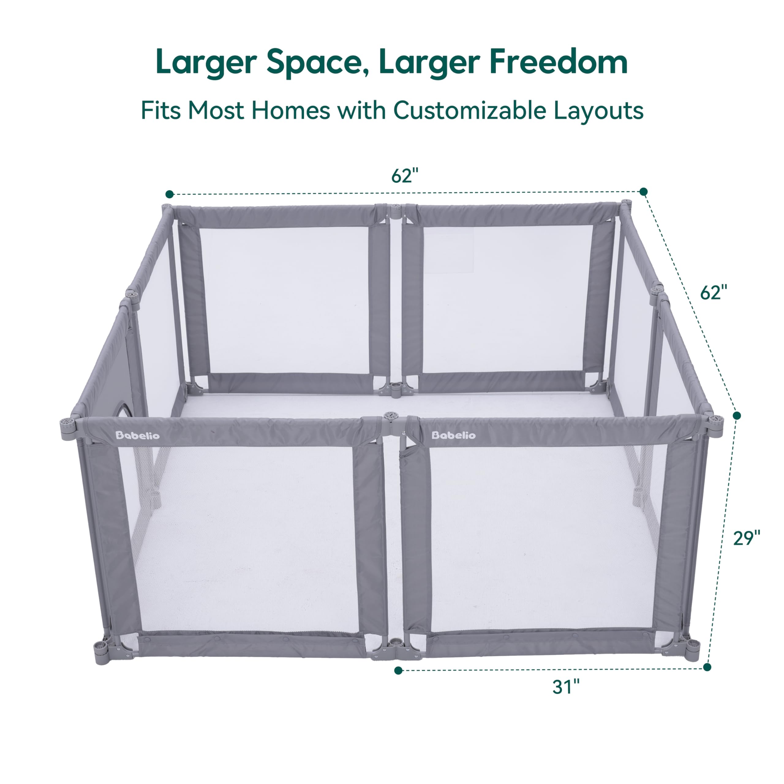 BABELIO Foldable Playpen spacious play area enables parent-child interaction during play.
