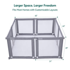BABELIO Foldable Playpen spacious play area enables parent-child interaction during play.