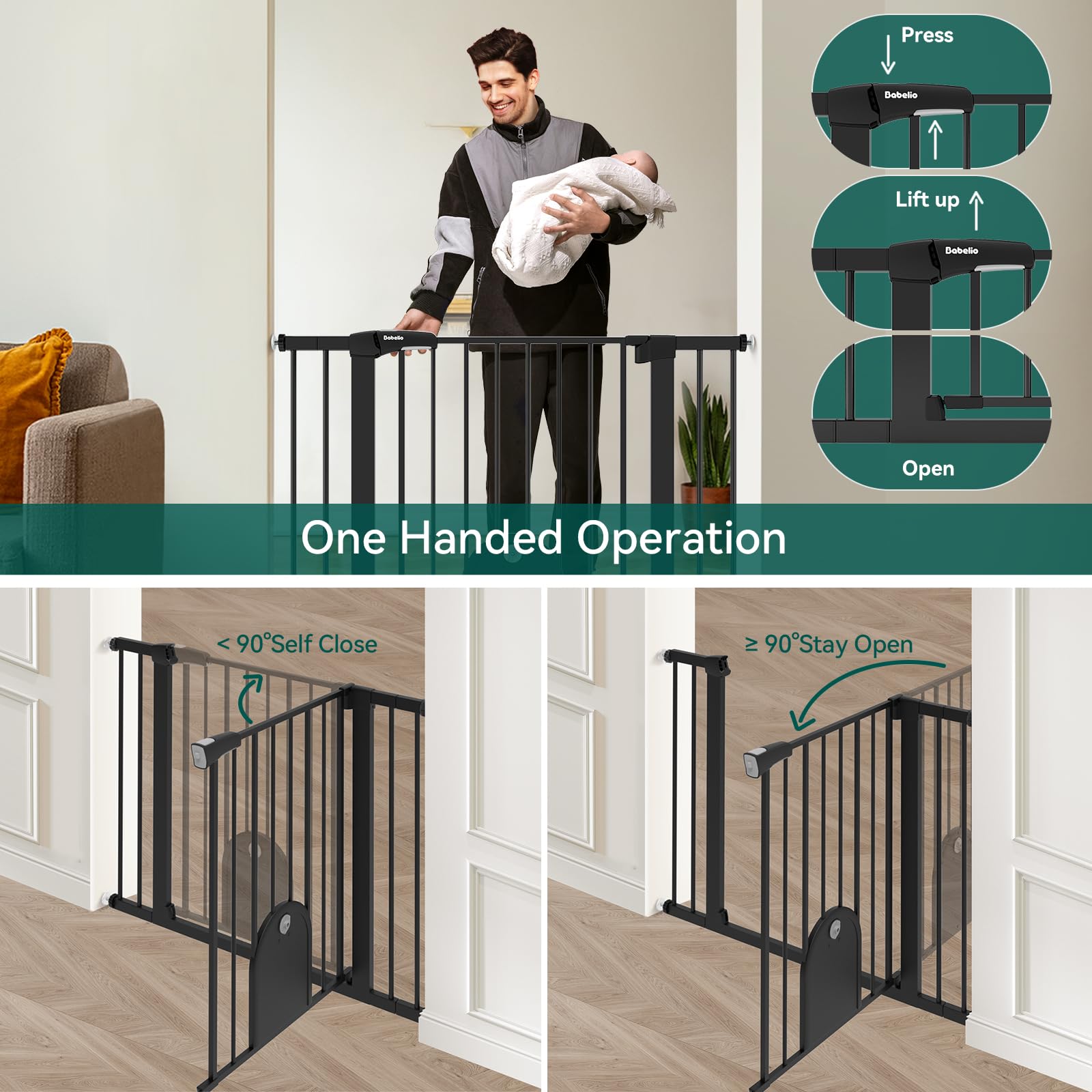 BABELIO gate-30-43-inch-width-adjustable fits stairs and doorways with extensions.