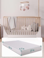 BABELIO memory foam crib mattress dual sided demonstrates infant spine support and toddler comfort