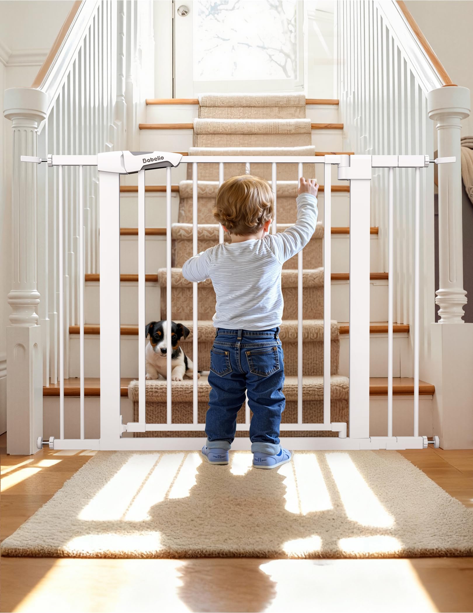 BABELIO Metal Baby Gate walk-through door for easy one-handed use.