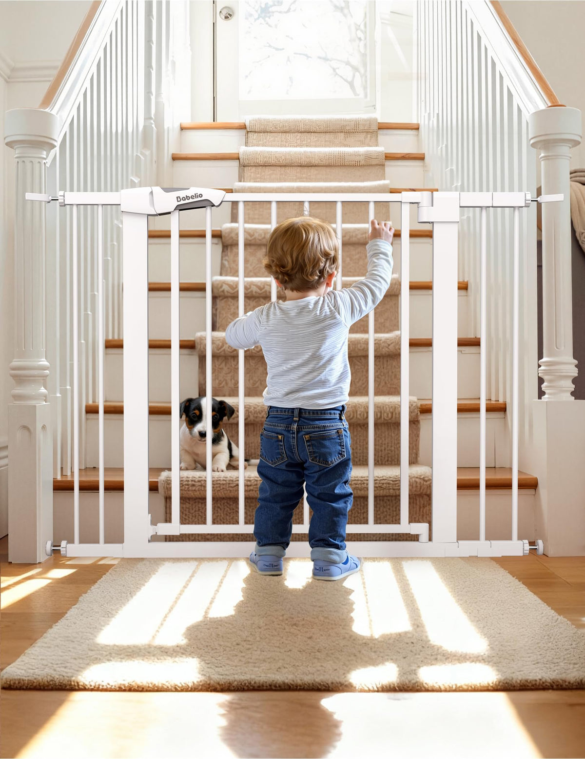 BABELIO Metal Baby Gate walk-through door for easy one-handed use.