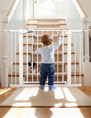 BABELIO Metal Baby Gate walk-through door for easy one-handed use.