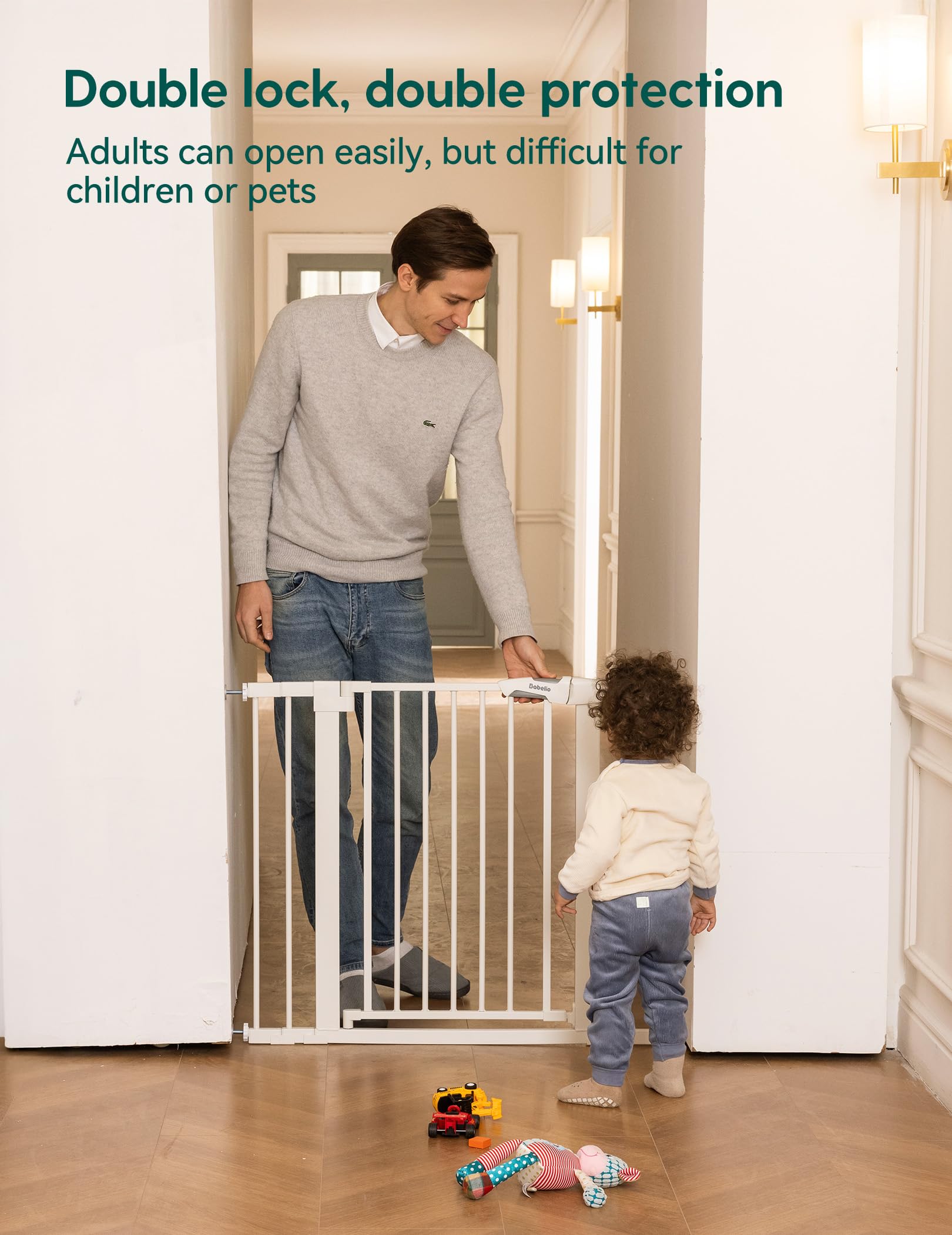 BABELIO metal baby gate walk-through doorway with one-handed latch