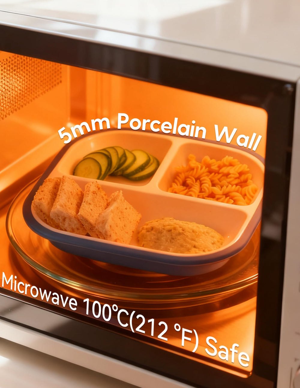BABELIO microwave-safe porcelain plate for quick reheats without removing sleeves.