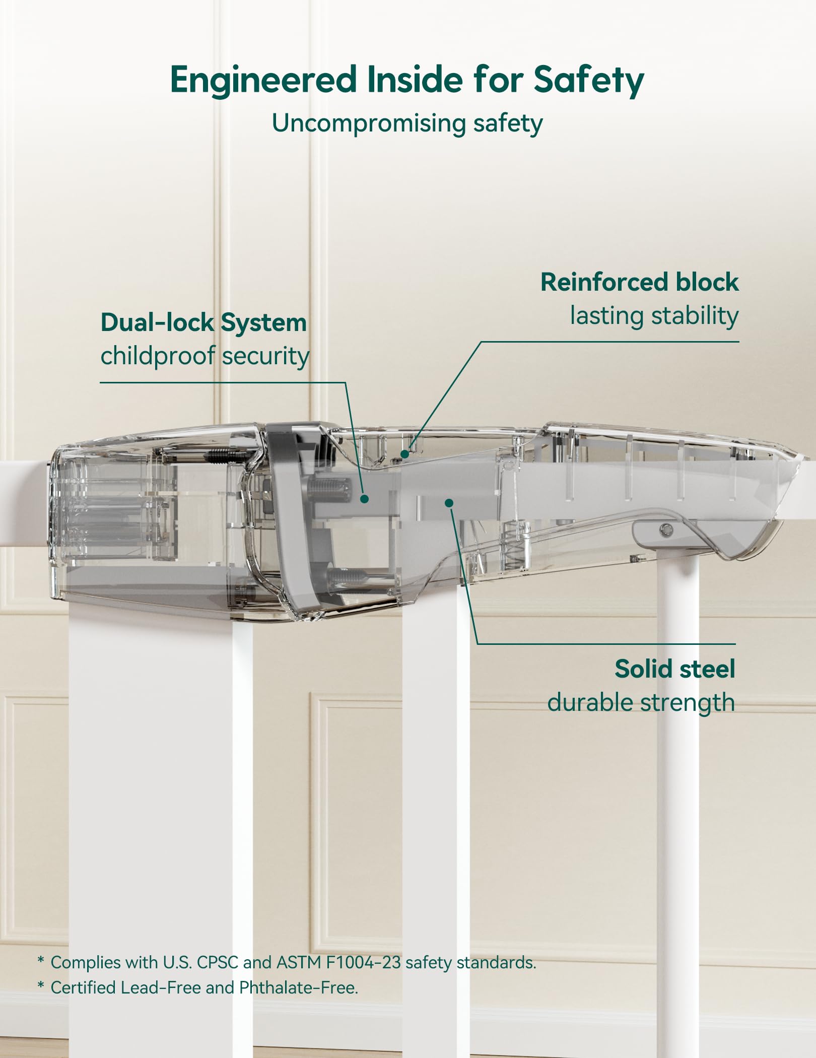 BABELIO P7 pressure-mounted gate on stairs shows tool-free setup.