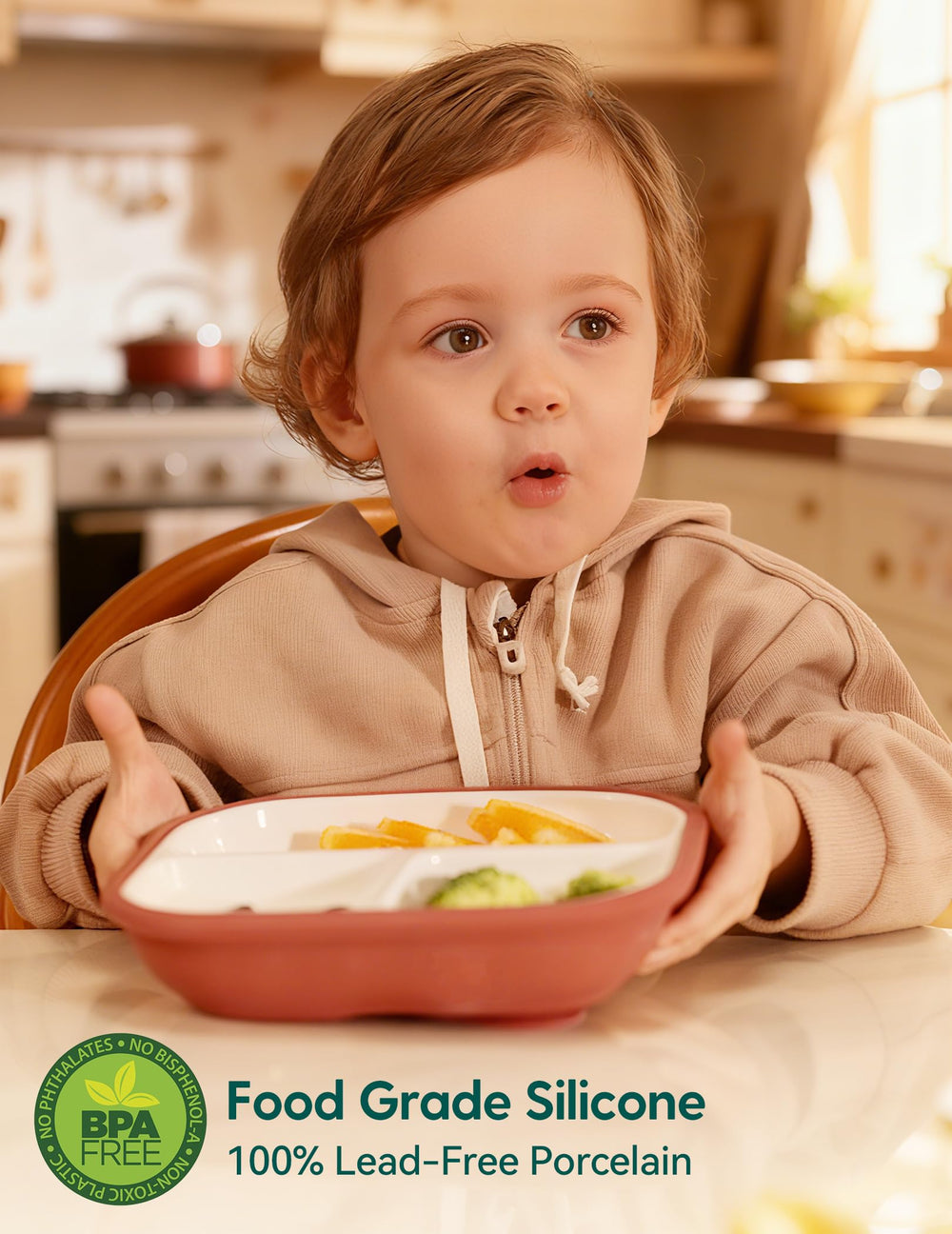 BABELIO porcelain divided plate layout keeps foods separate for independent self-feeding.