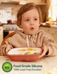 BABELIO porcelain divided plate layout keeps foods separate for independent self-feeding.