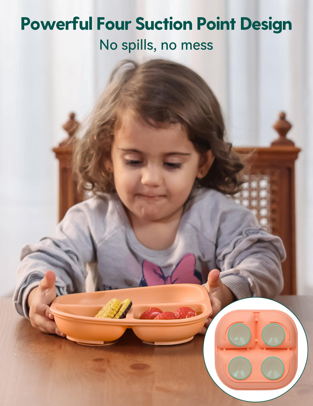 BABELIO Powerful Suction Plates divided design highlights separate compartments for easy scooping.