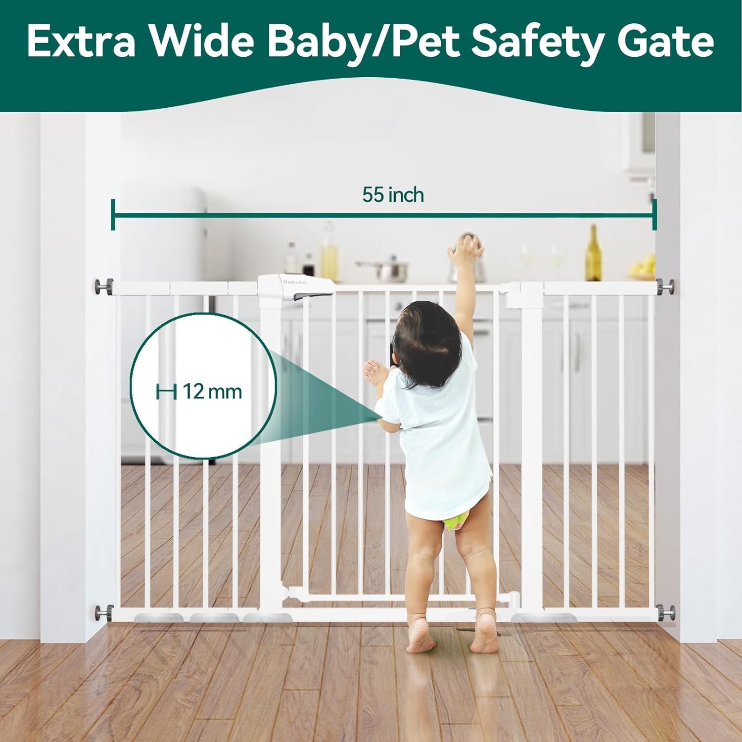 BABELIO PressGuard P7 gate shown open for easy adult passage in a wide doorway.