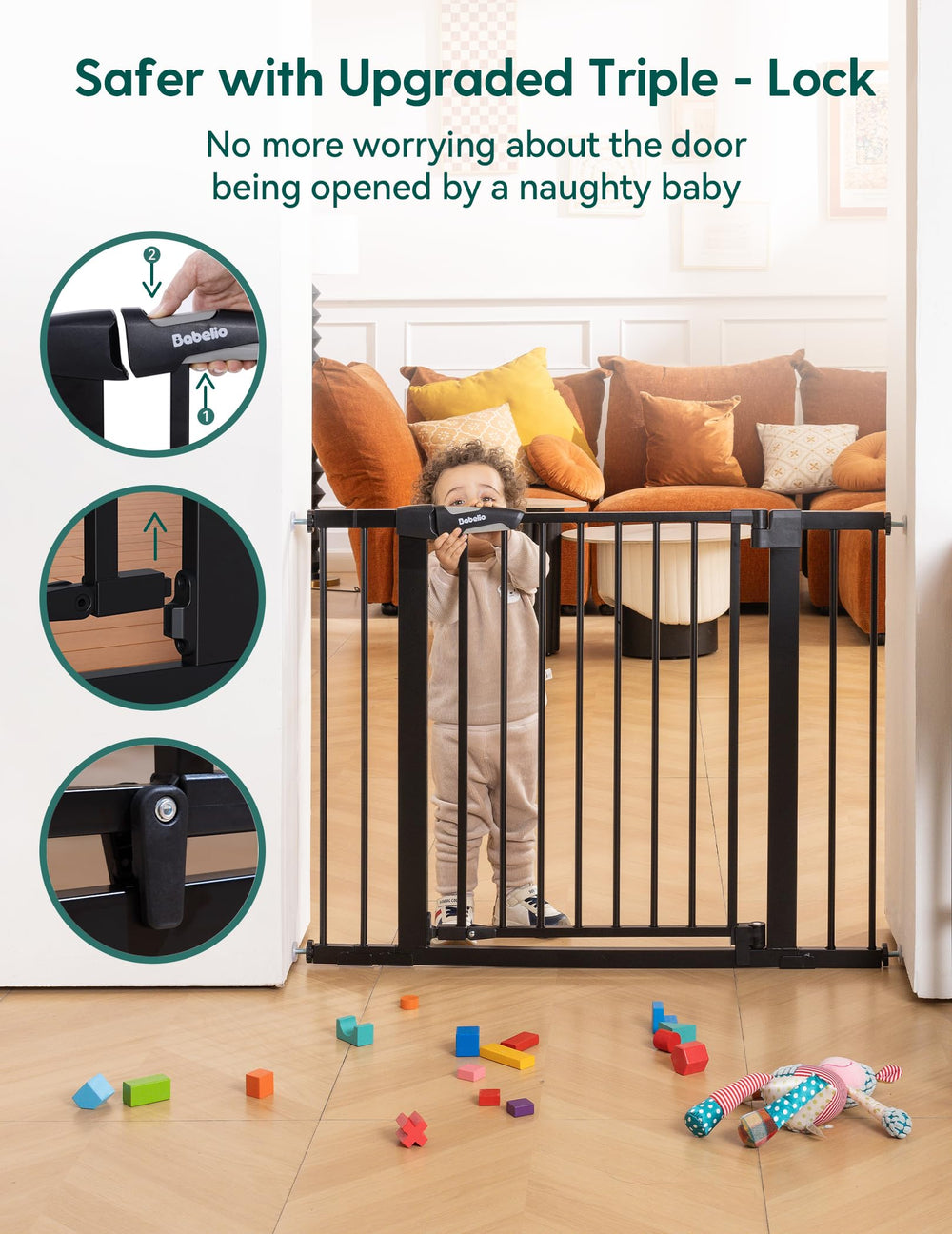Babelio pressure mounted easy install without screws protecting walls.