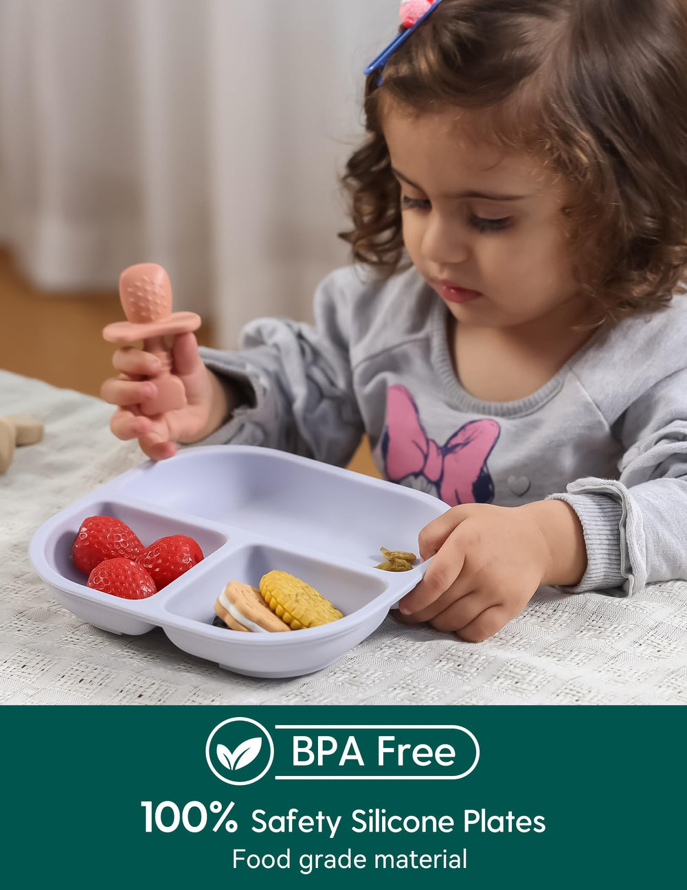 BABELIO silicone plate safety emphasizes 100% food-grade material for gentle mealtime use.