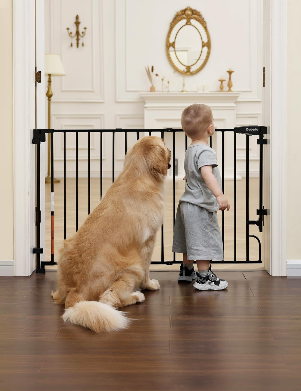 Babelio sleek black hardware-mounted gate complements modern homes.