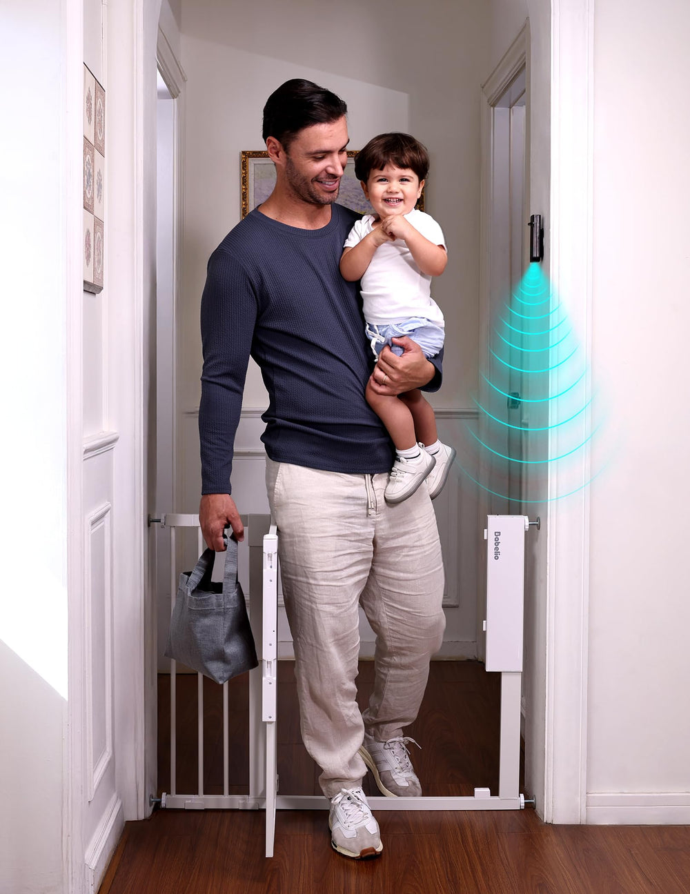 BABELIO smart infrared auto-unlock gate in doorway setup enables hands-free entry.