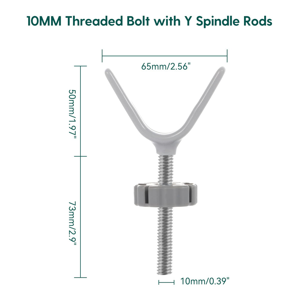 Babelio threaded spindle close-up highlights durable Y-rod construction.