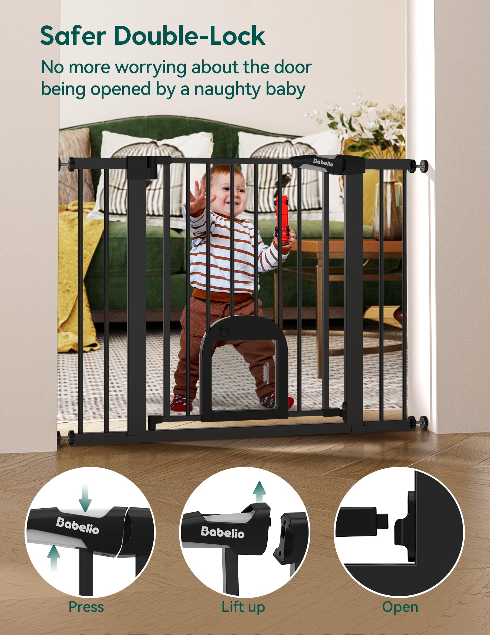 BABELIO baby gate with wide opening and extensions adapts to 29-43 inch openings.