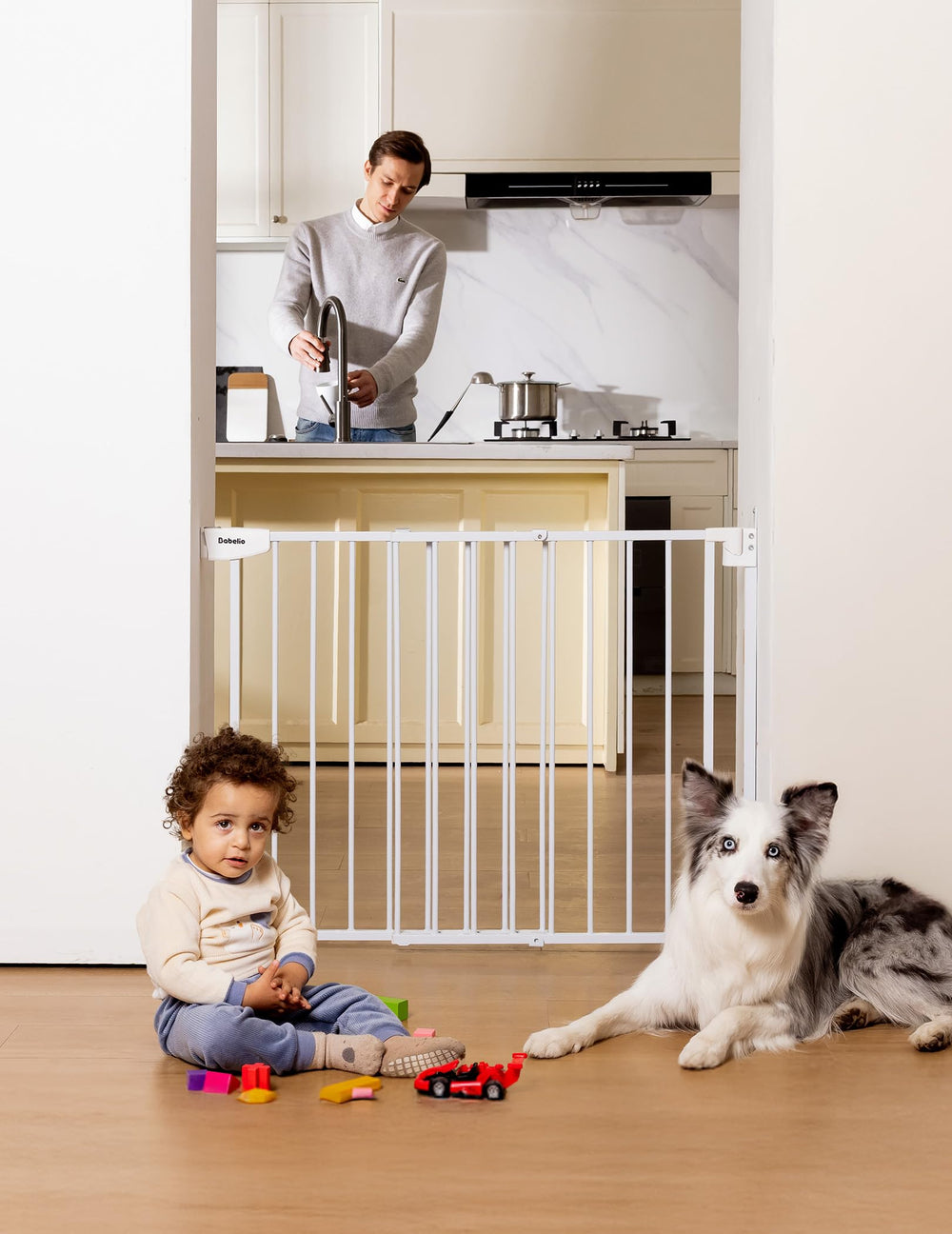 Babelio white gate complements modern interiors while guiding safe traffic