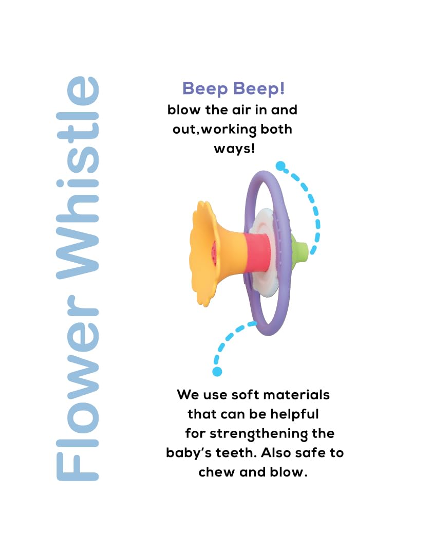 BaBeloved Flower Whistle displays colorful textures for multi-sensory exploration and oral-motor play.