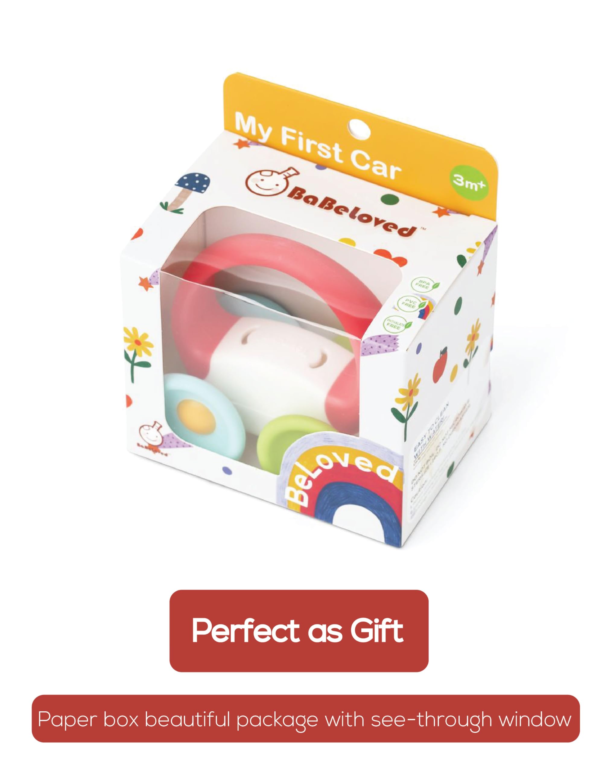 BaBeloved My First Car teether features bright colors that boost visual engagement.