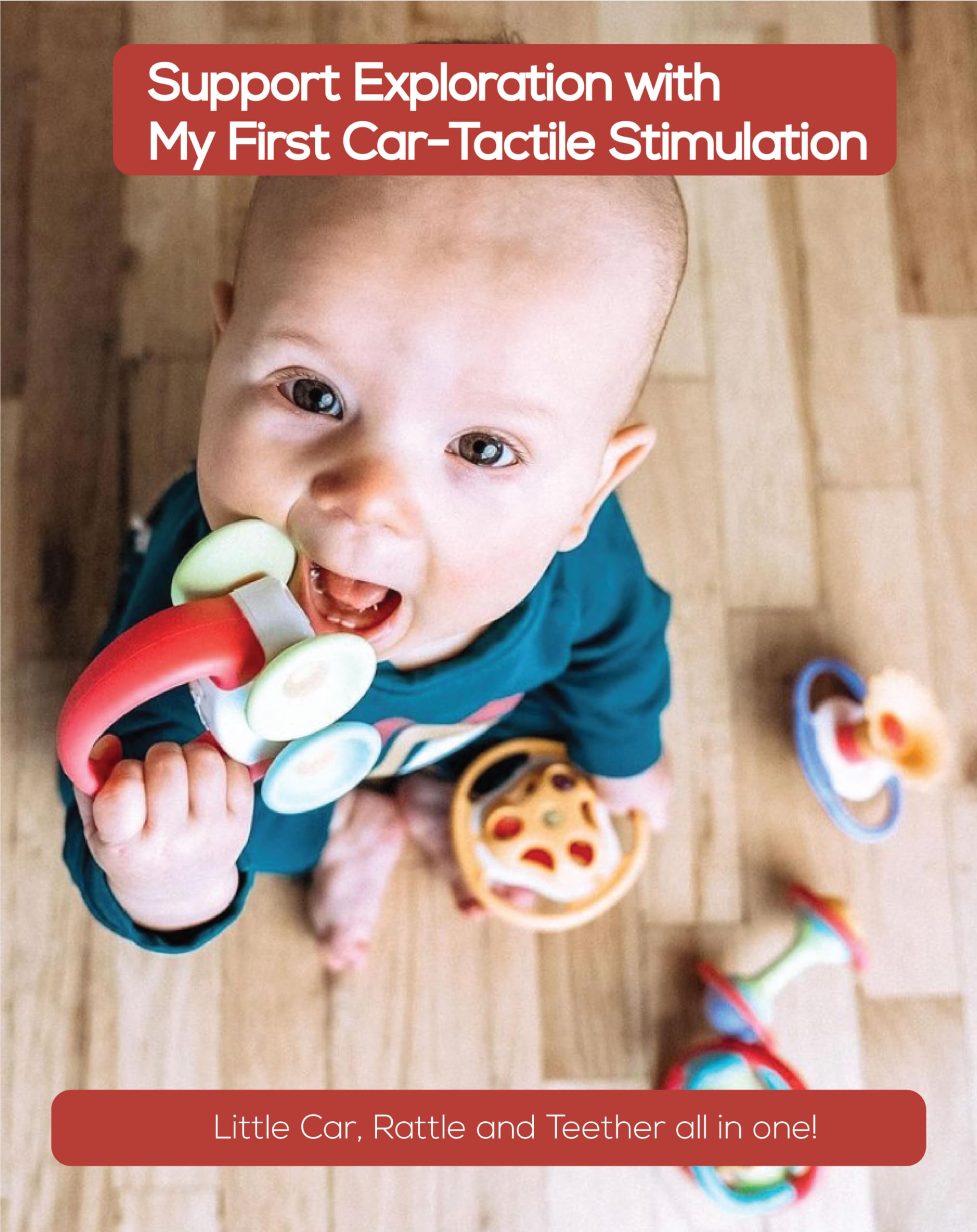 BaBeloved My First Car teether focuses on tiny hands for tactile exploration during play.