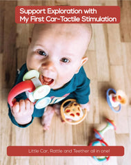 BaBeloved My First Car teether focuses on tiny hands for tactile exploration during play.