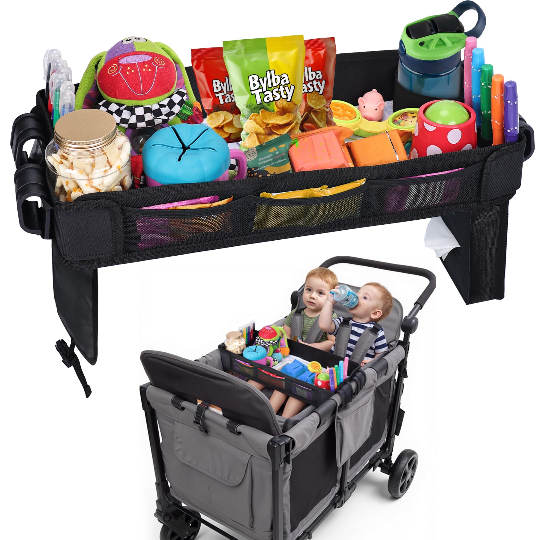 Babenest Stroller Snack Tray W4-attachment demonstrates secure fit for smooth family outings.