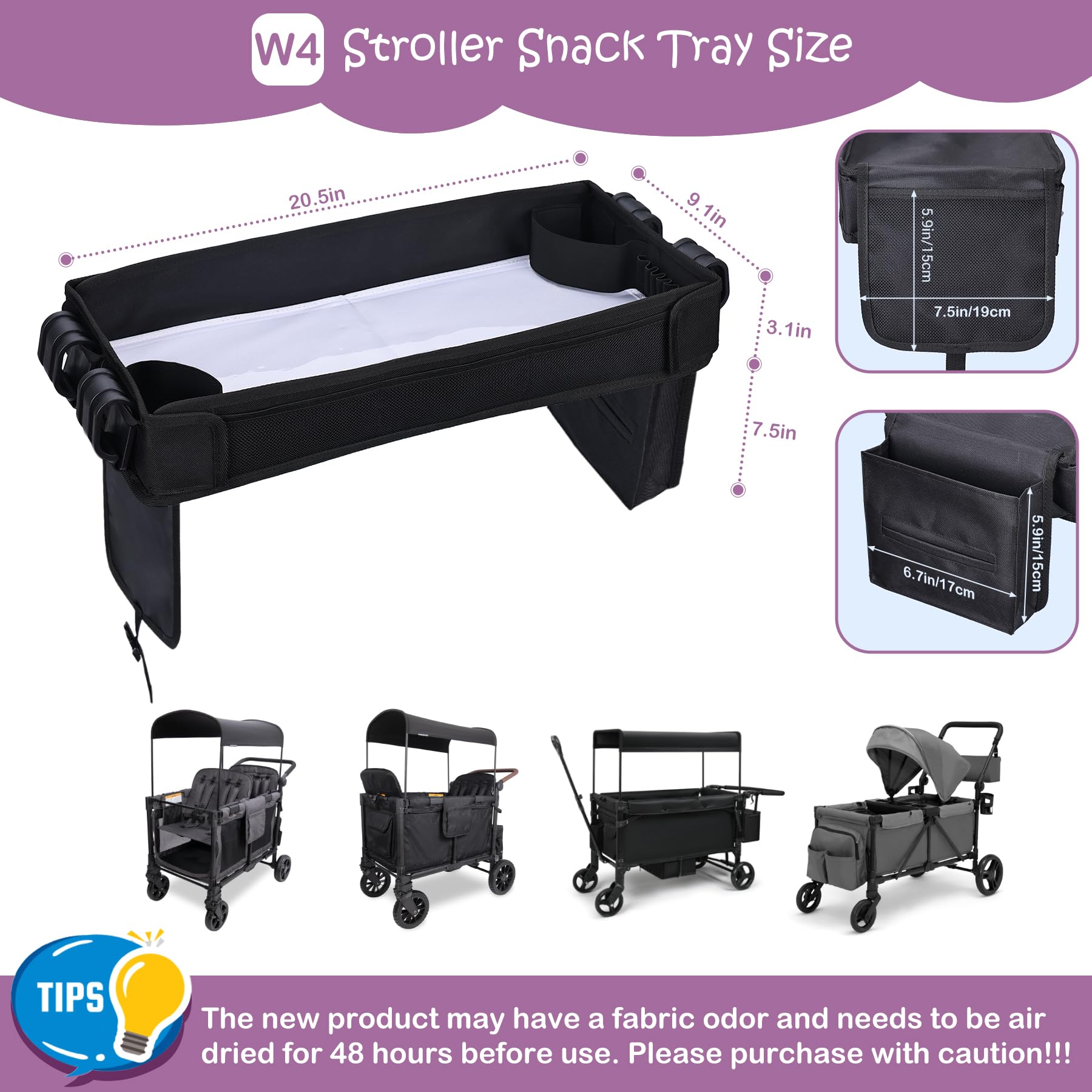 Babenest Stroller Snack Tray W4-mesh-bag keeps snacks and toys organized.