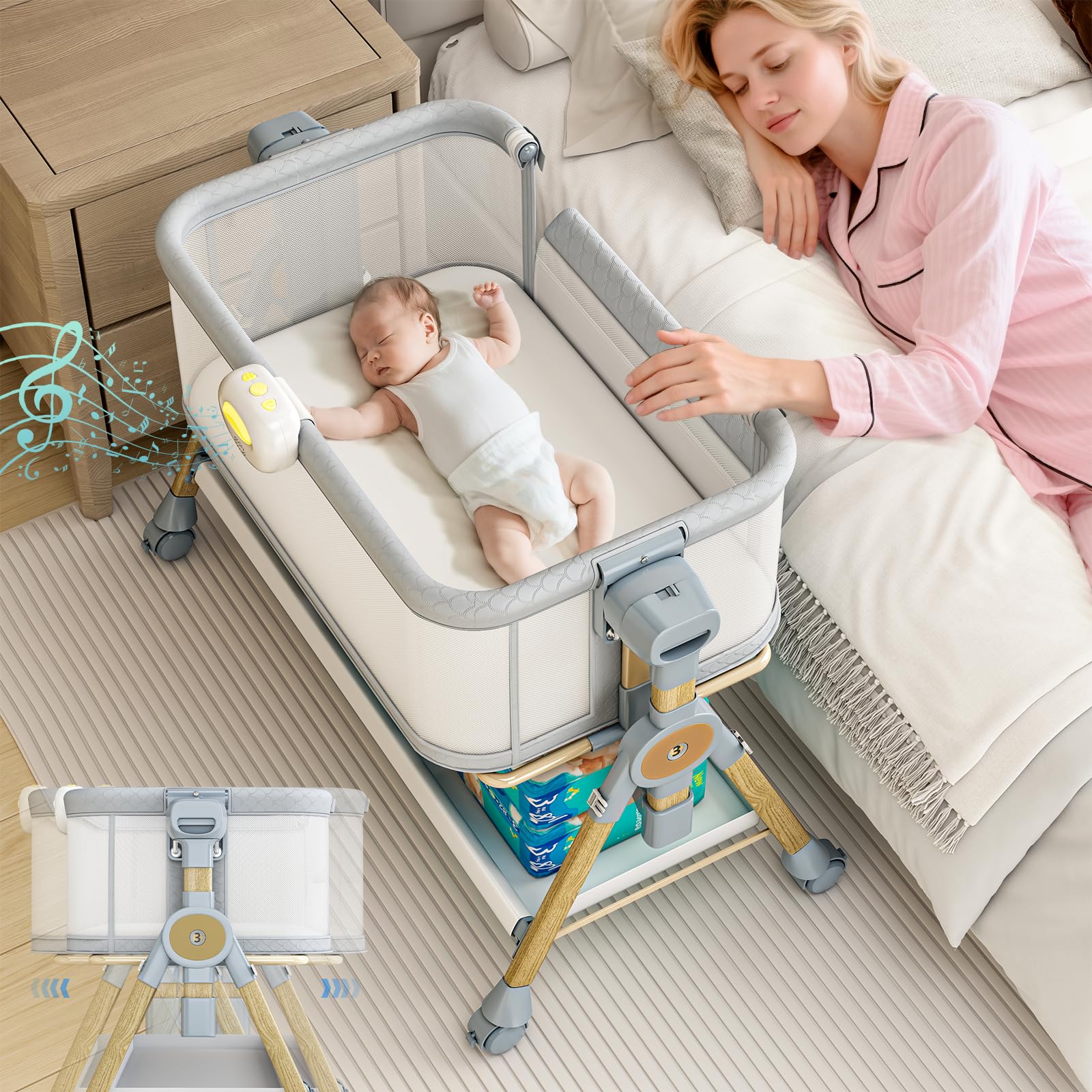 BabeNova 3-in-1 bassinet bedside sleeper side view, convenient night nursing access