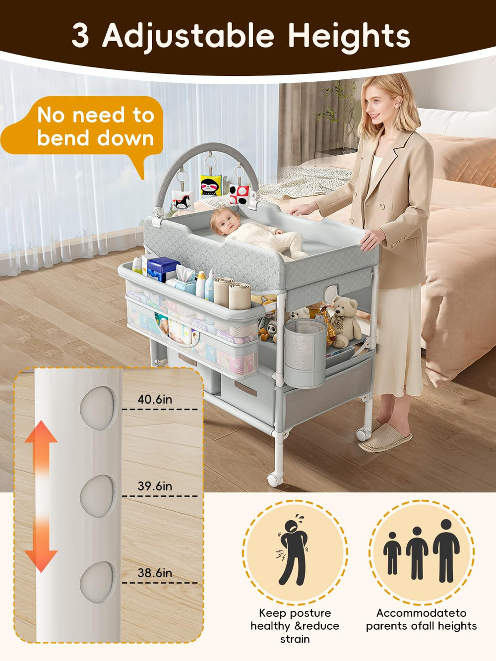 BabeNova built-in fabric trash bin reduces mess during diaper changes.