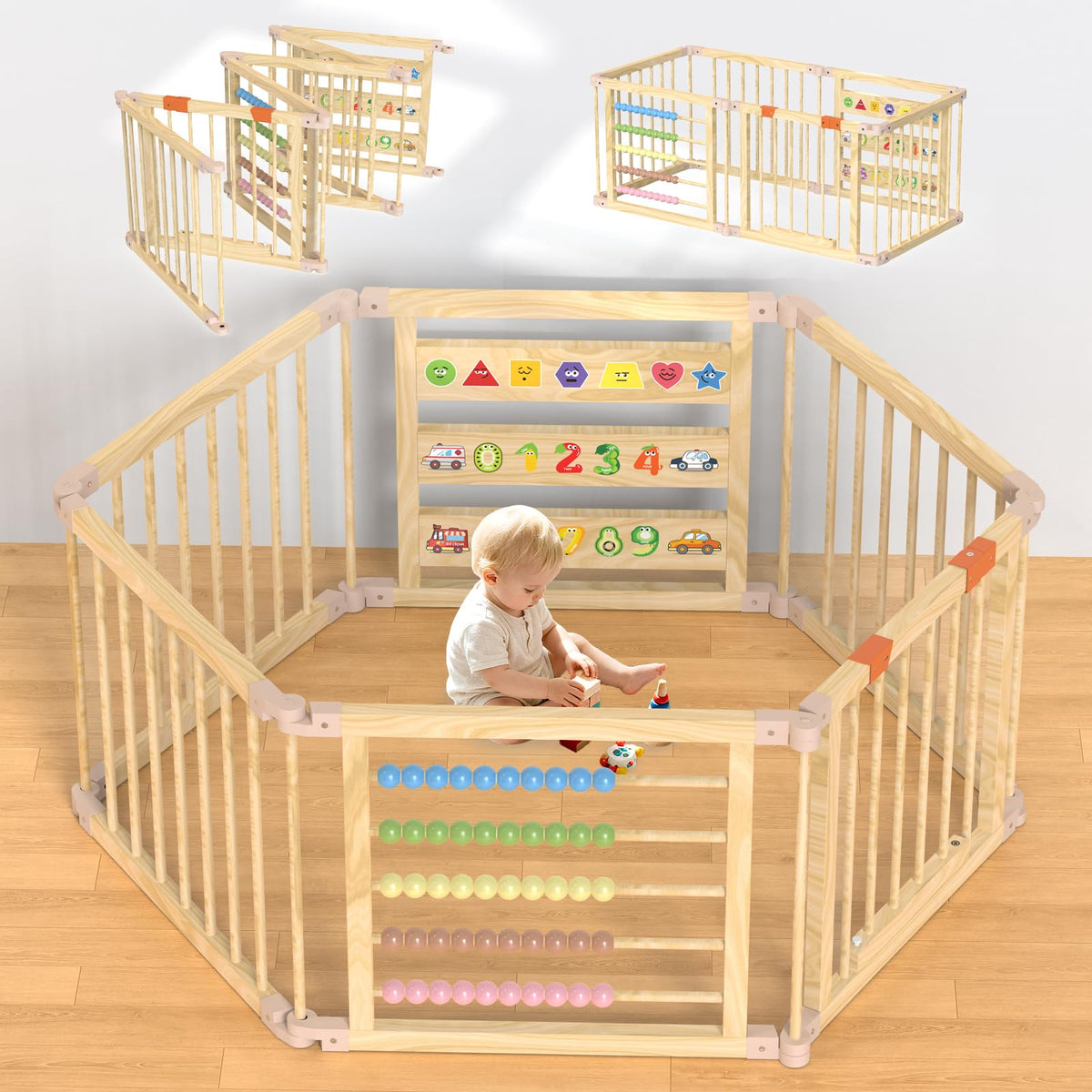 BabeNova foldable wooden playpen — spacious indoor play area for babies.