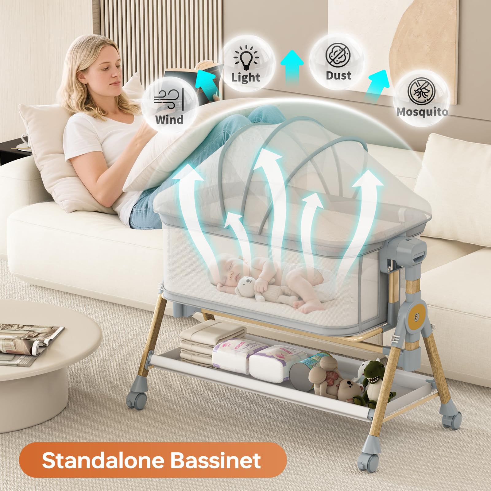BabeNova height-adjustable bassinet aligns with bed height for easy access