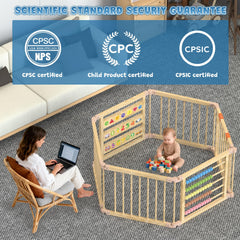 BabeNova educational abacus panel integrated in playpen for counting practice.