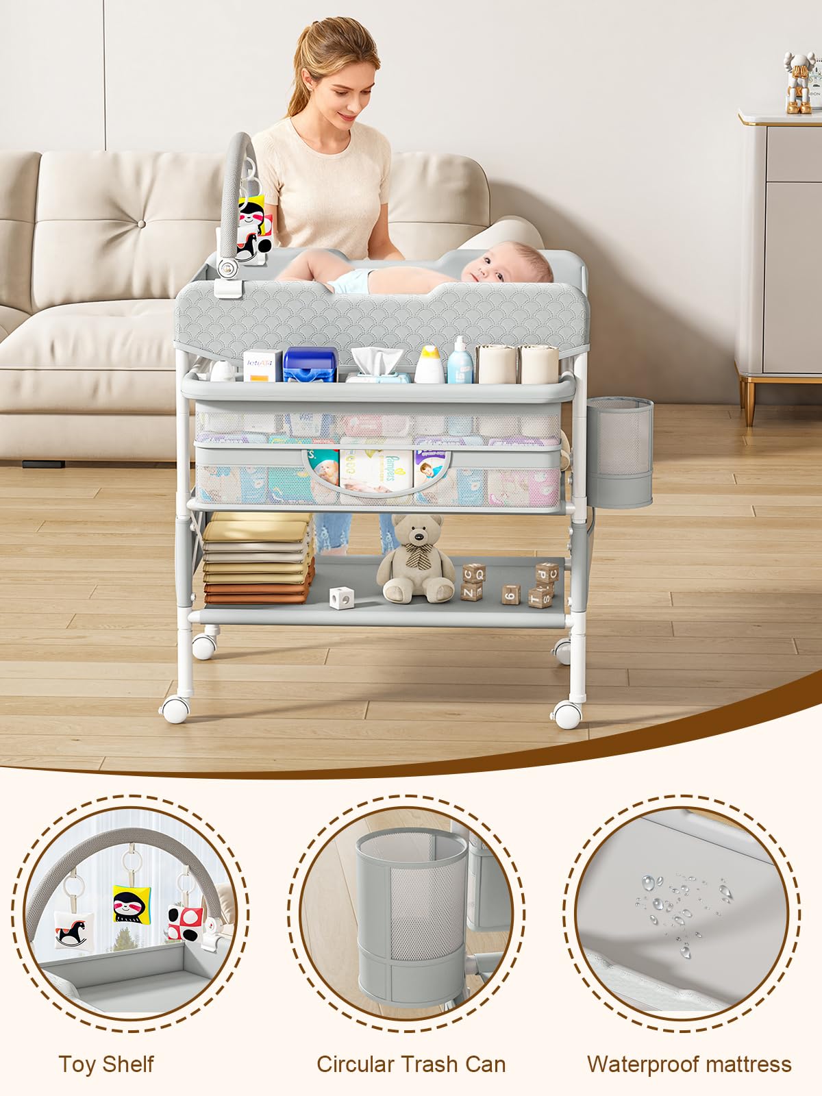 BabeNova side compartments hold wipes and diapers within reach.