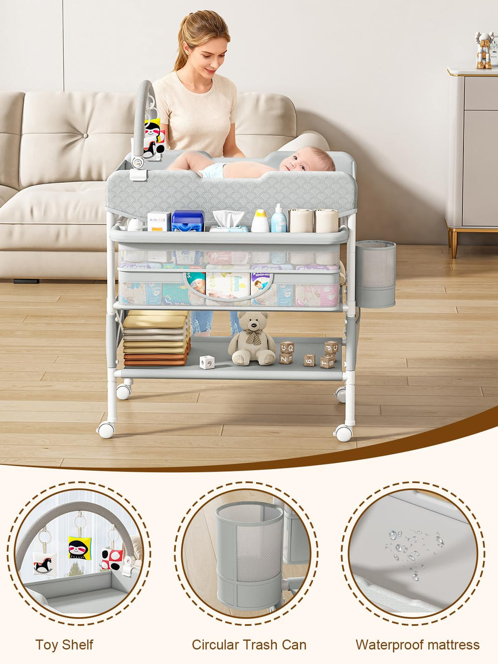 BabeNova side compartments hold wipes and diapers within reach.