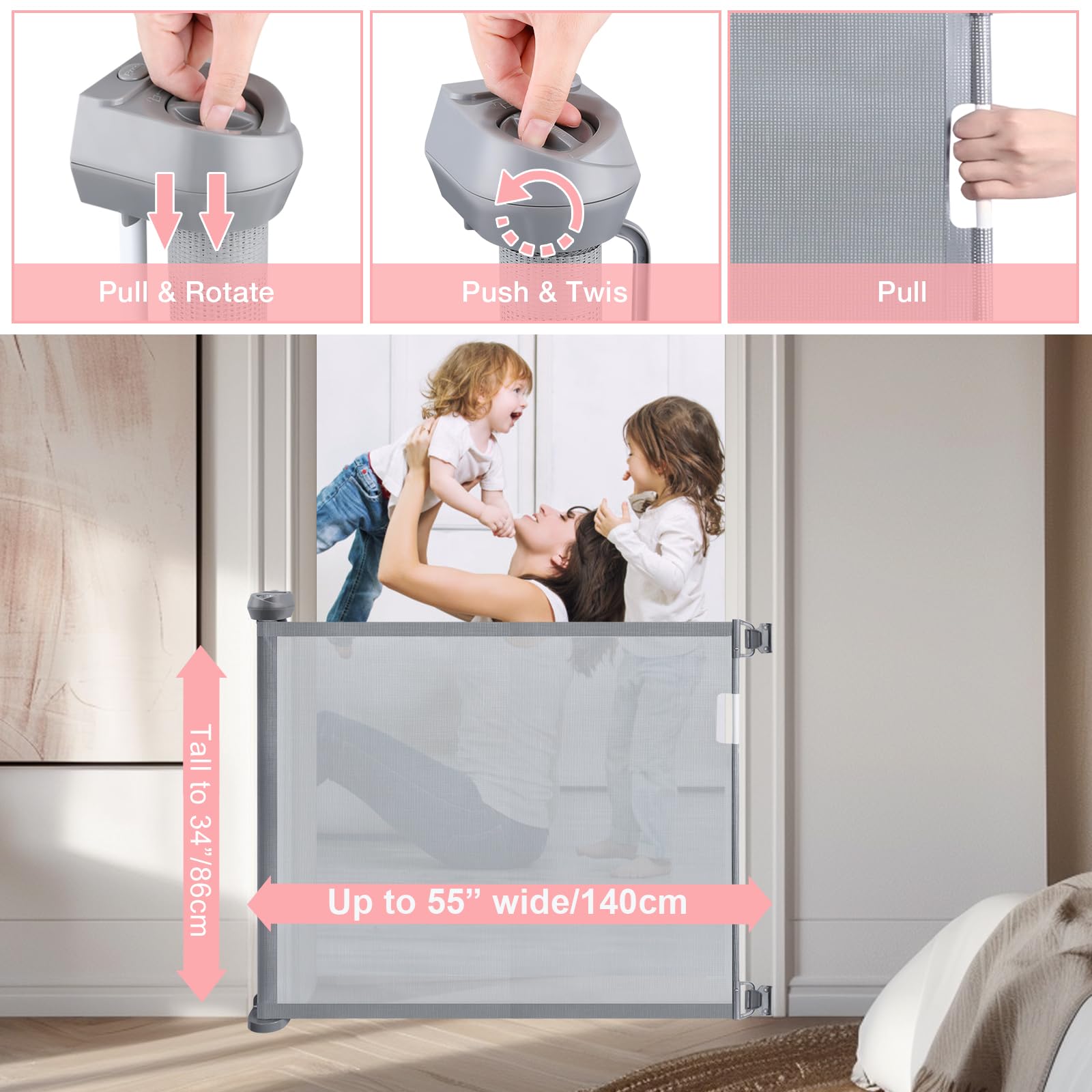 Babepai retractable mesh gate in doorway shows extended panel for child and pet containment.
