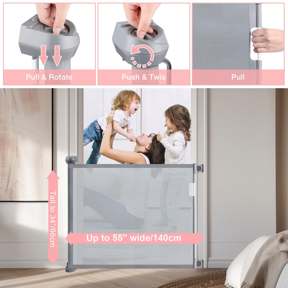 Babepai retractable mesh gate in doorway shows extended panel for child and pet containment.