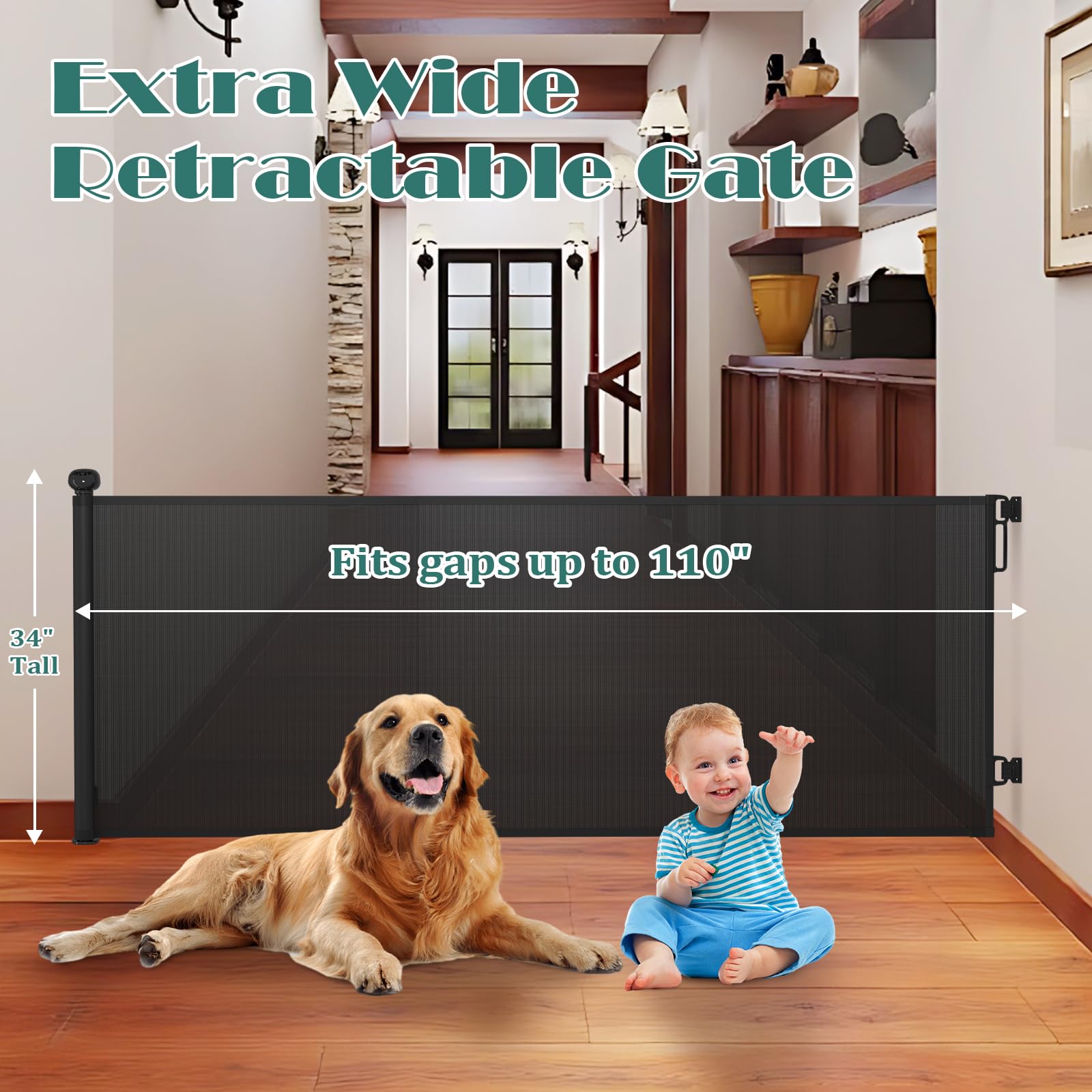 Babepai gate setup across a doorway demonstrates adjustable width for stairways.