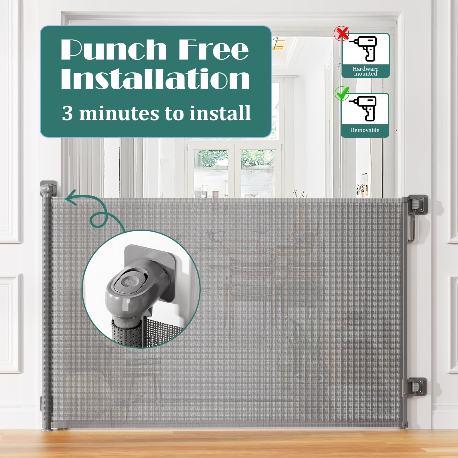 Babepai retractable baby gate shows 54in width and 38in height for wide doorways.