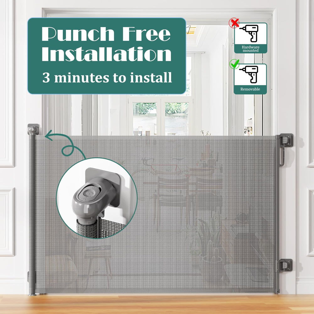 Babepai retractable baby gate shows 54in width and 38in height for wide doorways.