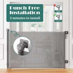 Babepai retractable baby gate shows 54in width and 38in height for wide doorways.