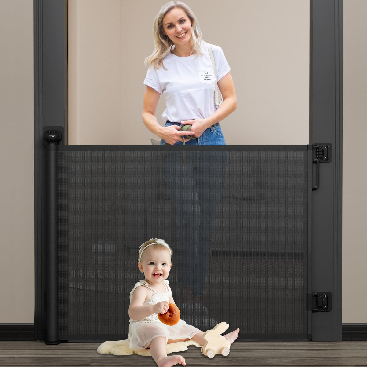 Babepai retractable baby gate on stairs demonstrates space-saving safety.
