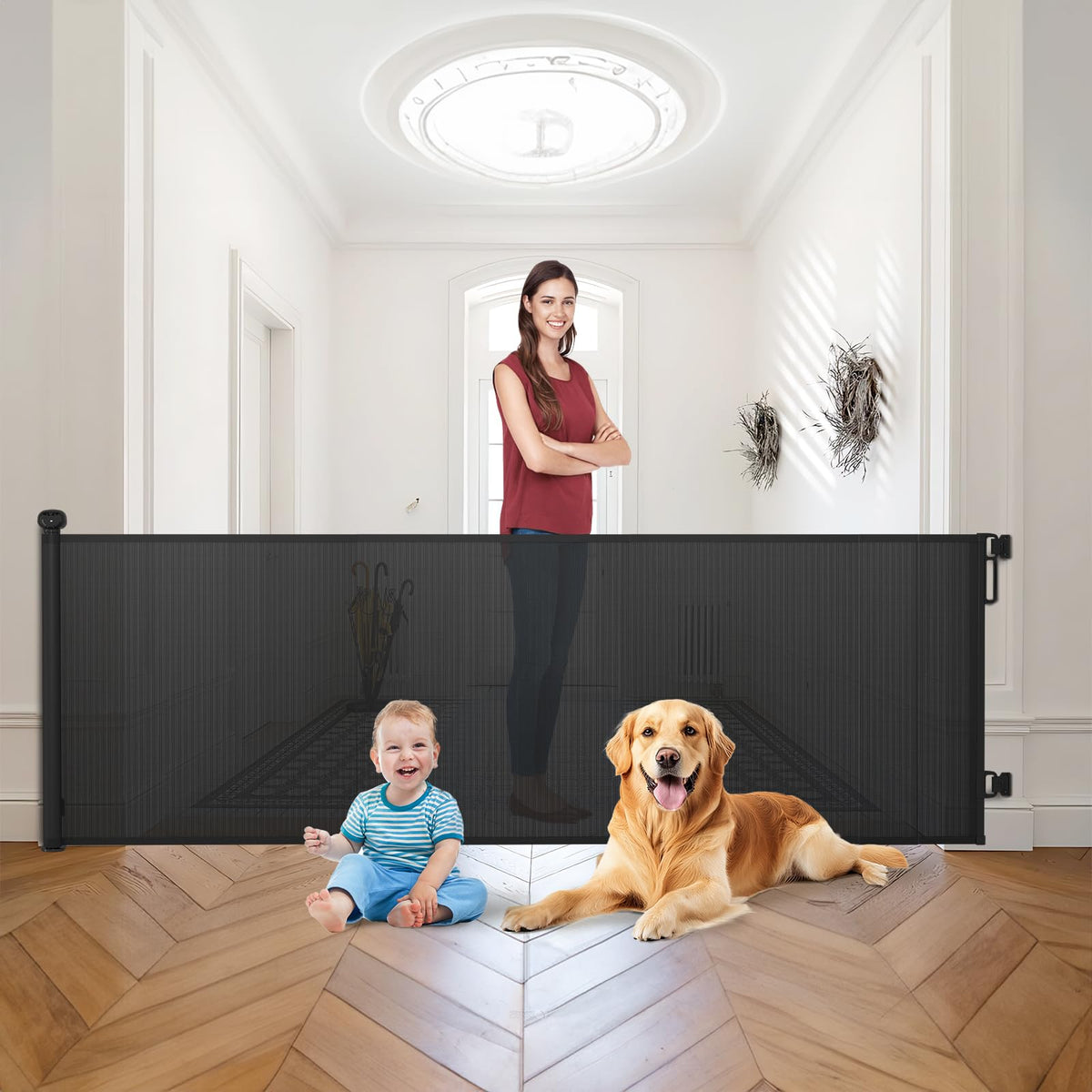 Babepai retractable gate extended to 110 inches for wide doorways and open spaces.