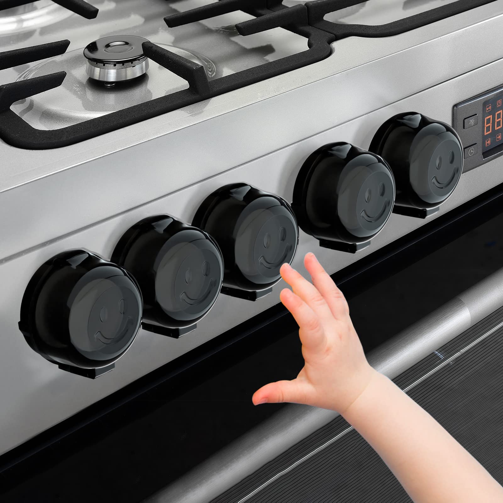 Babepai stove knob covers five-pack on a stove enhances child safety.