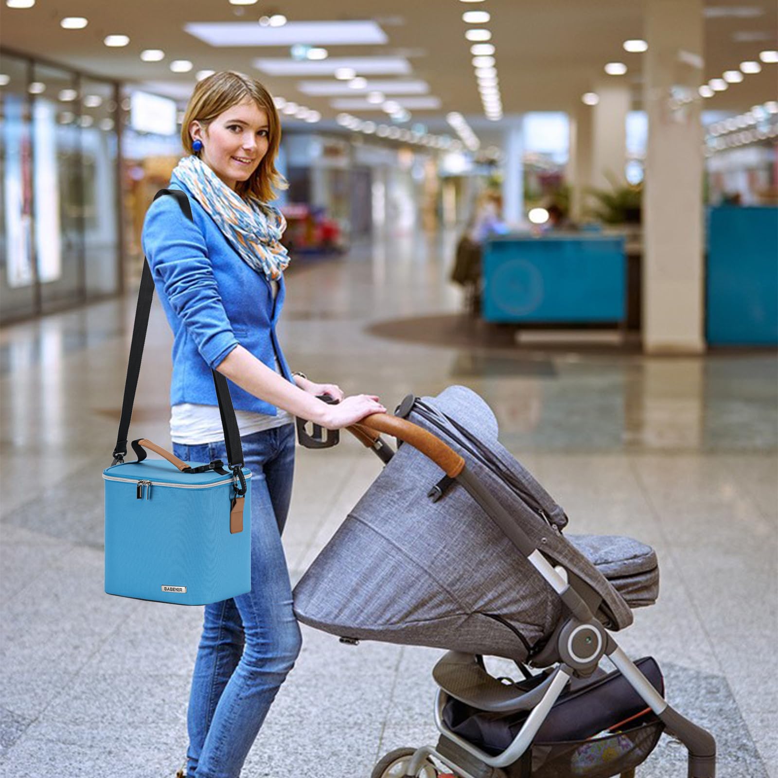 BABEYER breastmilk cooler bag blue insulated interior maintains temperature for hours.