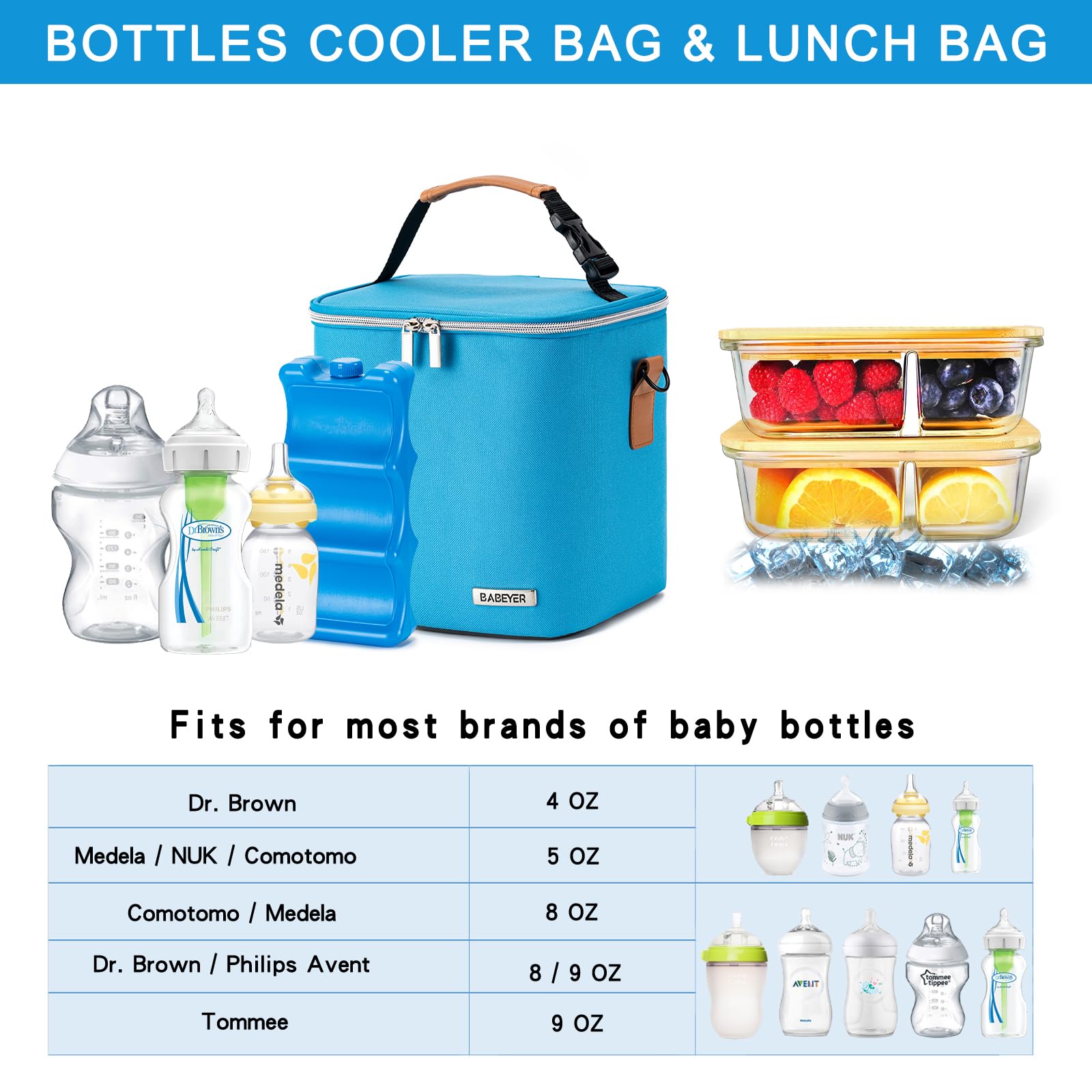 BABEYER breastmilk cooler bag blue side pocket demonstrates extra space for small essentials.