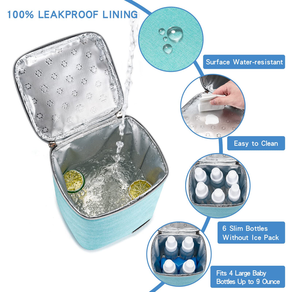 Babeyer cooler bag capacity view shows four 9-ounce bottles for daycare needs.