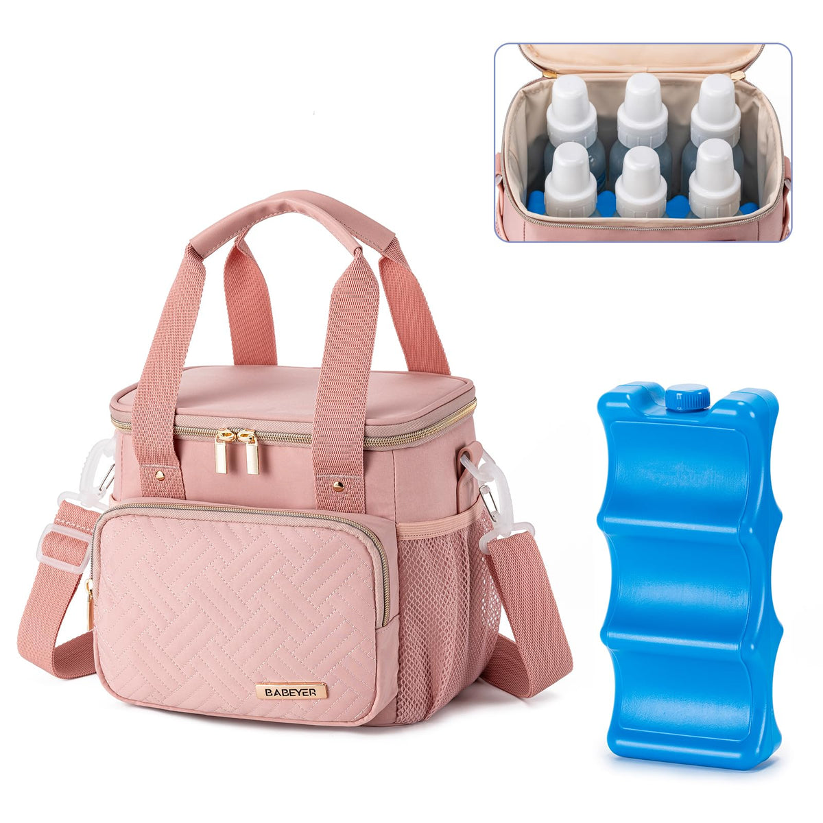 BABEYER breastmilk cooler bag front view showing six-bottle capacity for travel