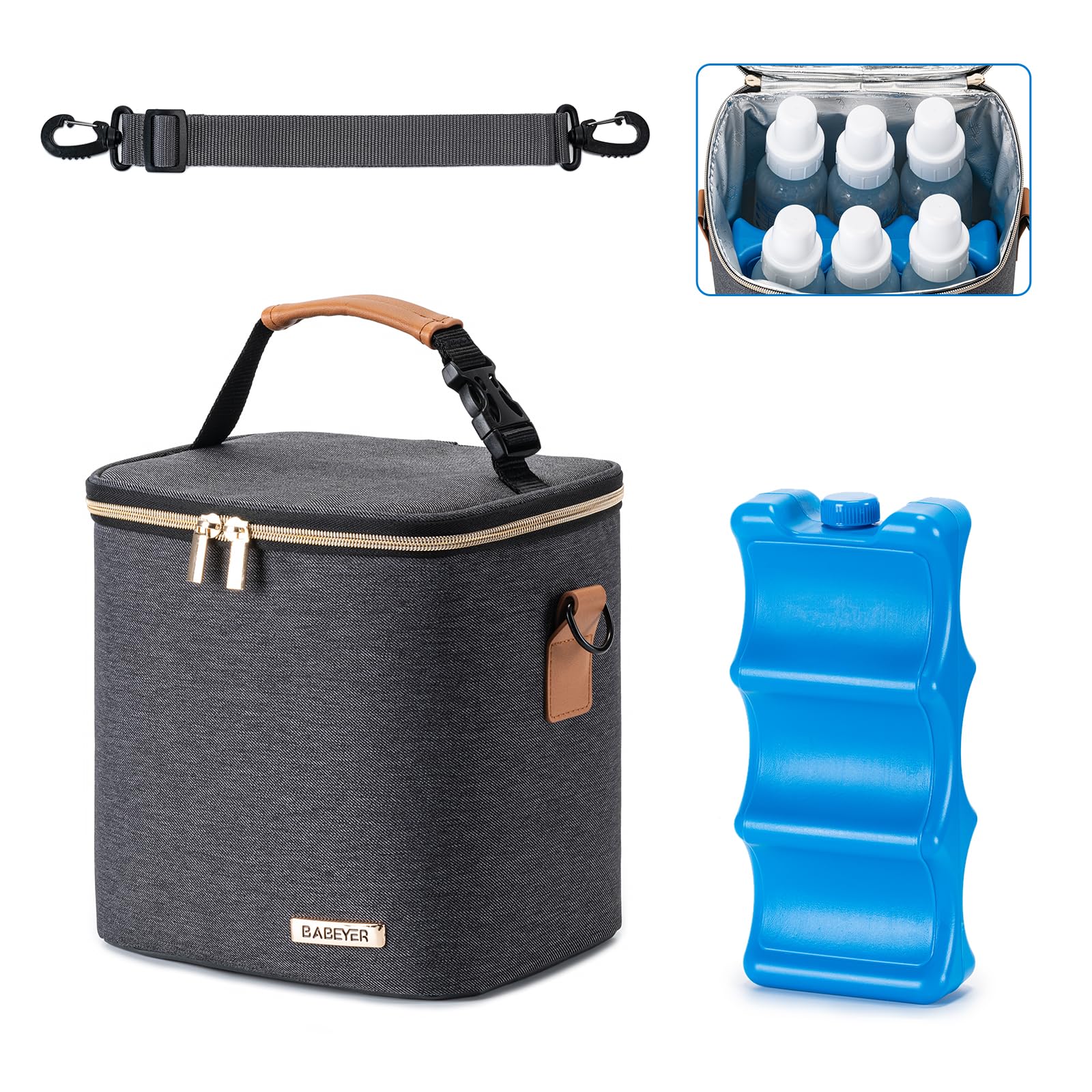 BABEYER breastmilk cooler bag with ice pack holds up to six 9-ounce bottles for daycare trips.