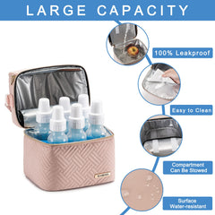 BABEYER breastmilk cooler bag highlights leakproof lining for easy cleanup.