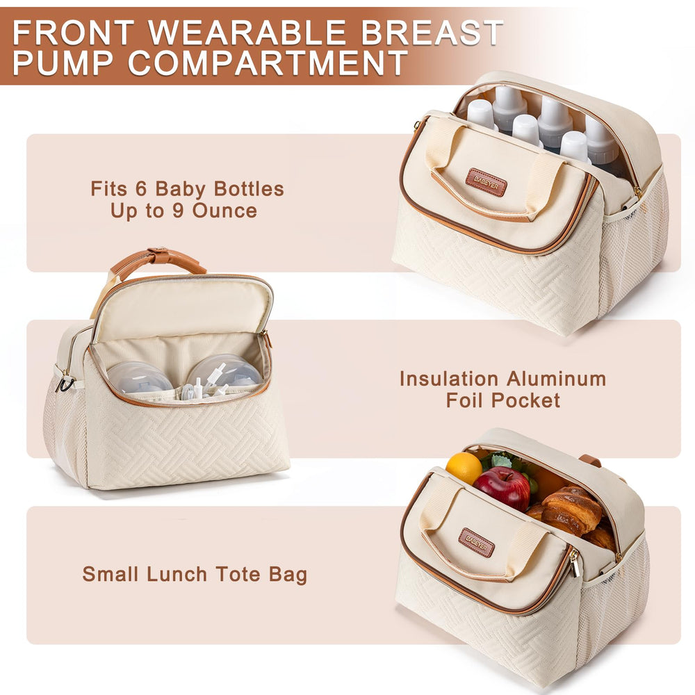 BABEYER breastmilk cooler bag open compartment shows six bottles and organization.